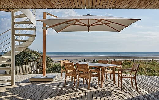 Napoli Cantilever Parasol 4m, Monterey Table with Monterey Teak Armchairs